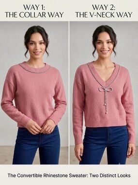 Express 2 way Pink V-Neck Sweater with Rhinestone Bow Detail